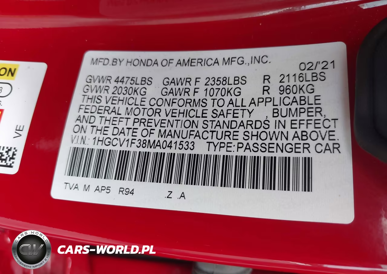 2021 Honda Accord Sport VIN:1HGCV1F38MA041533 - 9