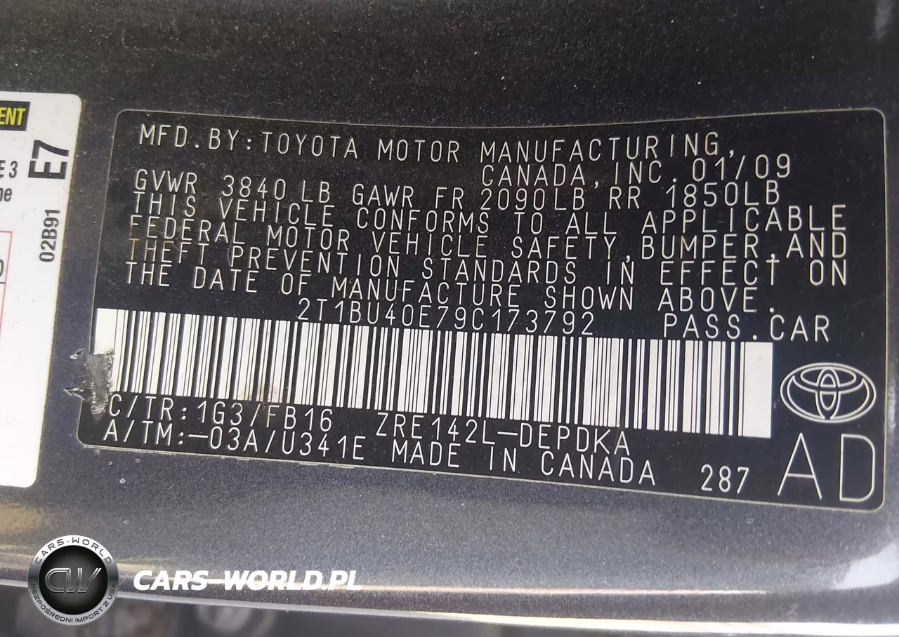 2009 Toyota Corolla Le VIN:2T1BU40E79C173792 - 9
