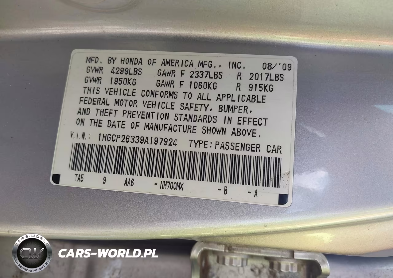 2009 Honda Accord 2.4 Lx VIN:1HGCP26339A197924 - 9