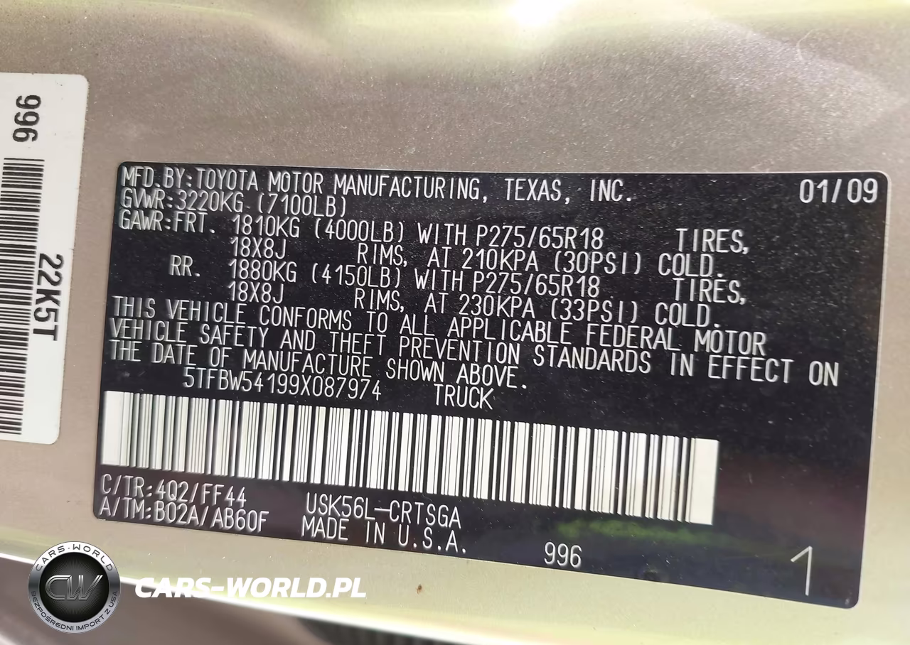2009 Toyota Tundra Sr5 5.7L V8 VIN:5TFBW54199X087974 - 9