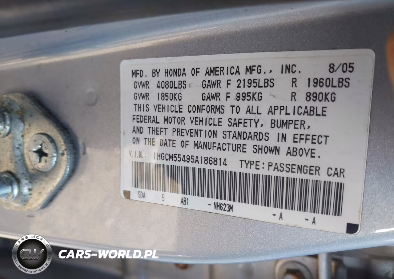 2005 Honda Accord 2.4 Lx VIN:1HGCM55495A186814 - 9