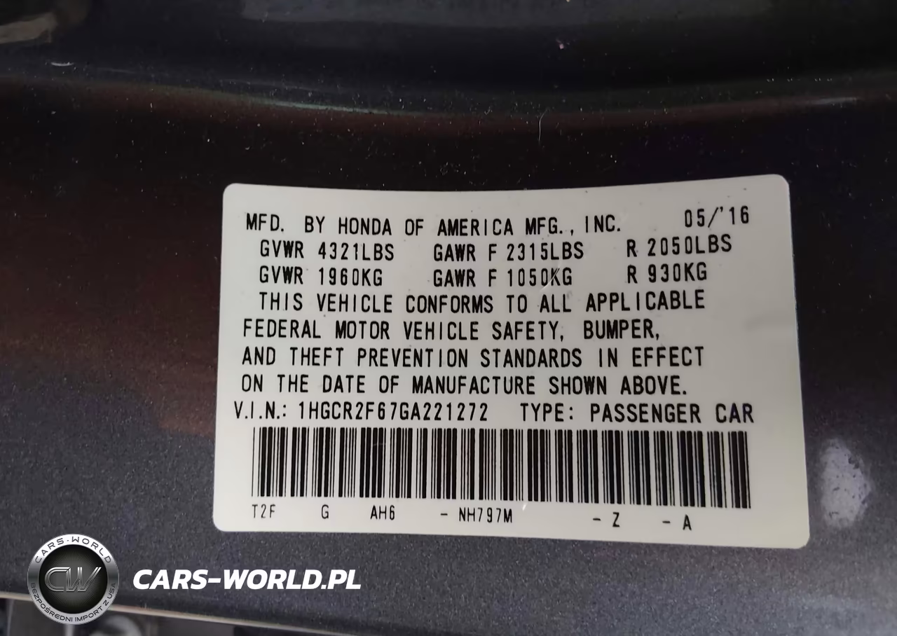 2016 Honda Accord Sport VIN:1HGCR2F67GA221272 - 9