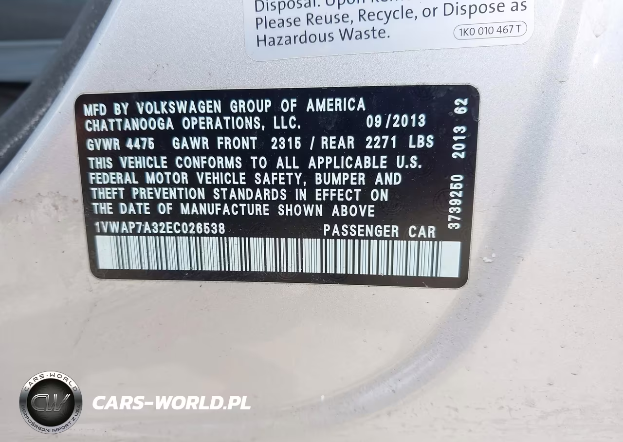 2014 Volkswagen Passat 2.5L S VIN:1VWAP7A32EC026538 - 9