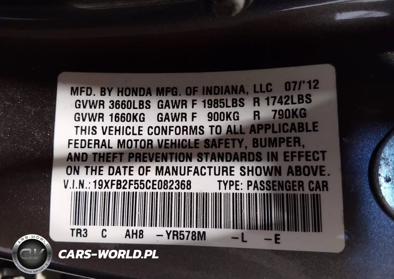2012 Honda Civic Lx VIN:19XFB2F55CE082368 - 9