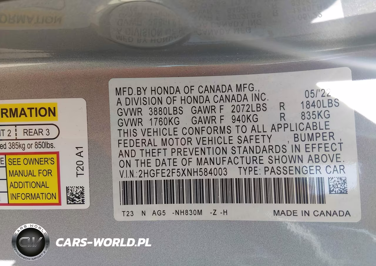 2022 Honda Civic Sport VIN:2HGFE2F5XNH584003 - 9