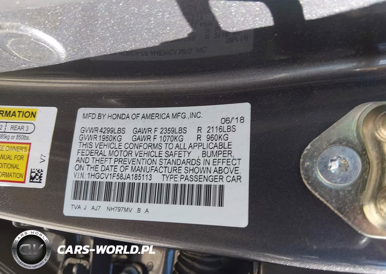 2018 Honda Accord Ex-L VIN:1HGCV1F58JA185113 - 9