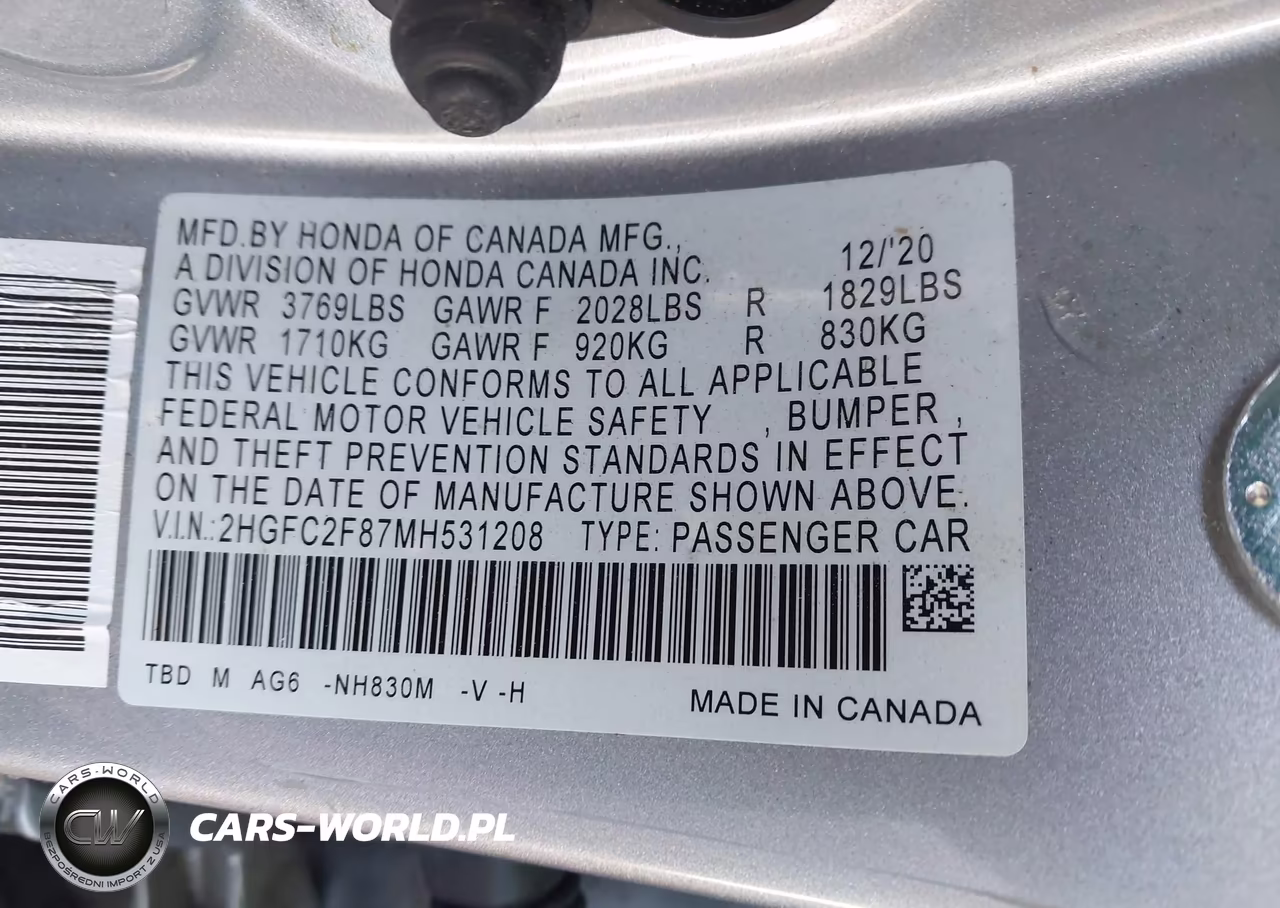2021 Honda Civic Sport VIN:2HGFC2F87MH531208 - 9