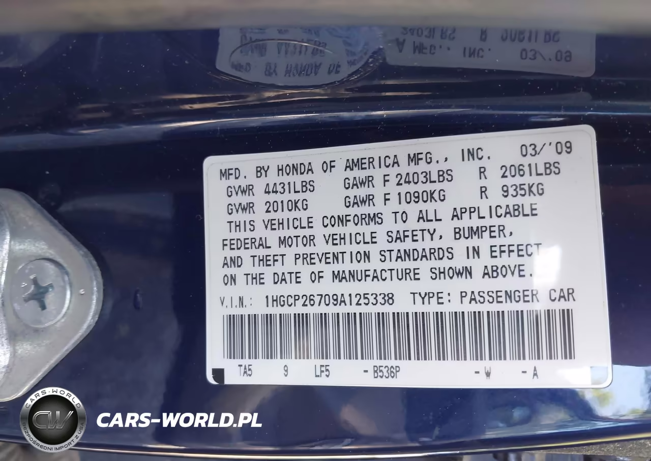 2009 Honda Accord 2.4 Ex VIN:1HGCP26709A125338 - 9