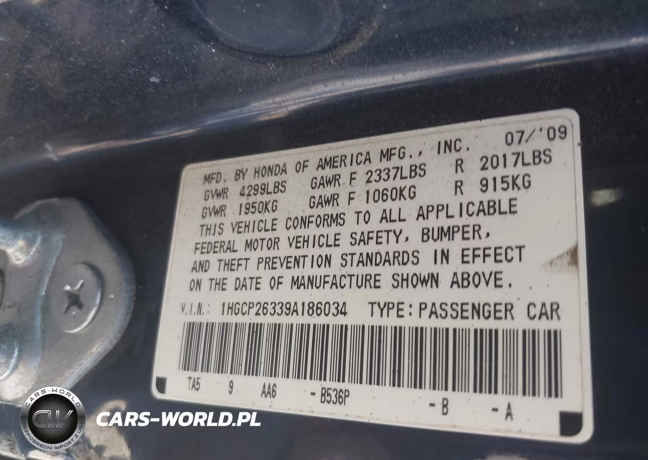 2009 Honda Accord 2.4 Lx VIN:1HGCP26339A186034 - 9
