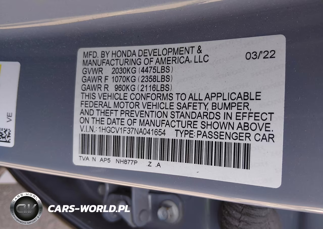 2022 Honda Accord Sport VIN:1HGCV1F37NA041654 - 9