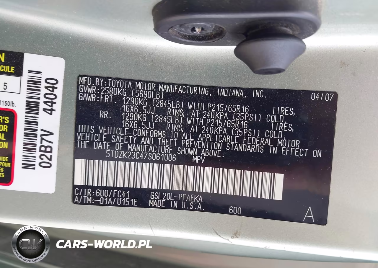 2007 Toyota Sienna Ce VIN:5TDZK23C47S061006 - 9