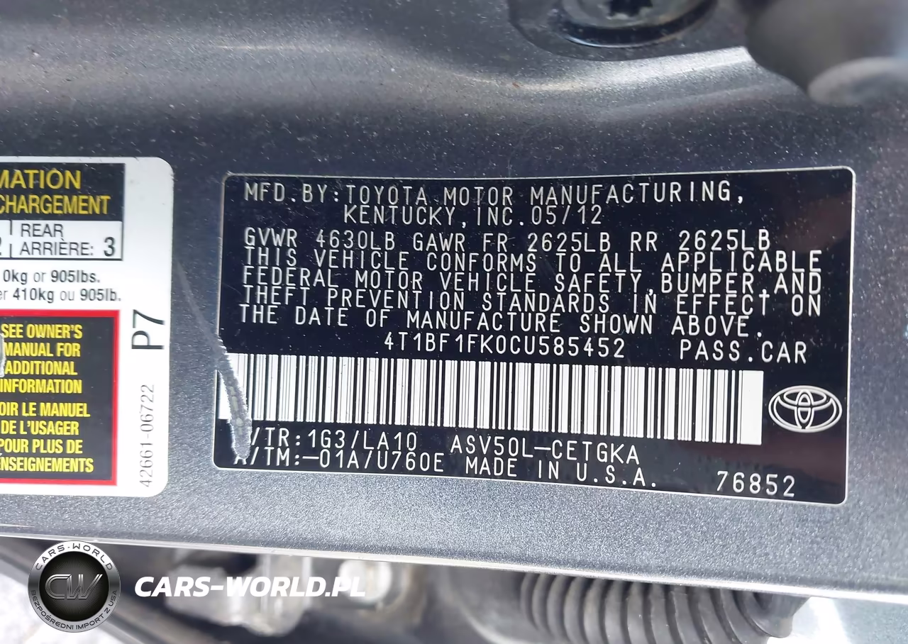 2012 Toyota Camry Xle VIN:4T1BF1FK0CU585452 - 9