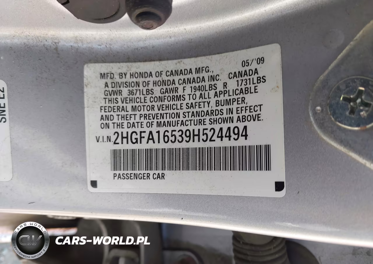 2009 Honda Civic Lx VIN:2HGFA16539H524494 - 9