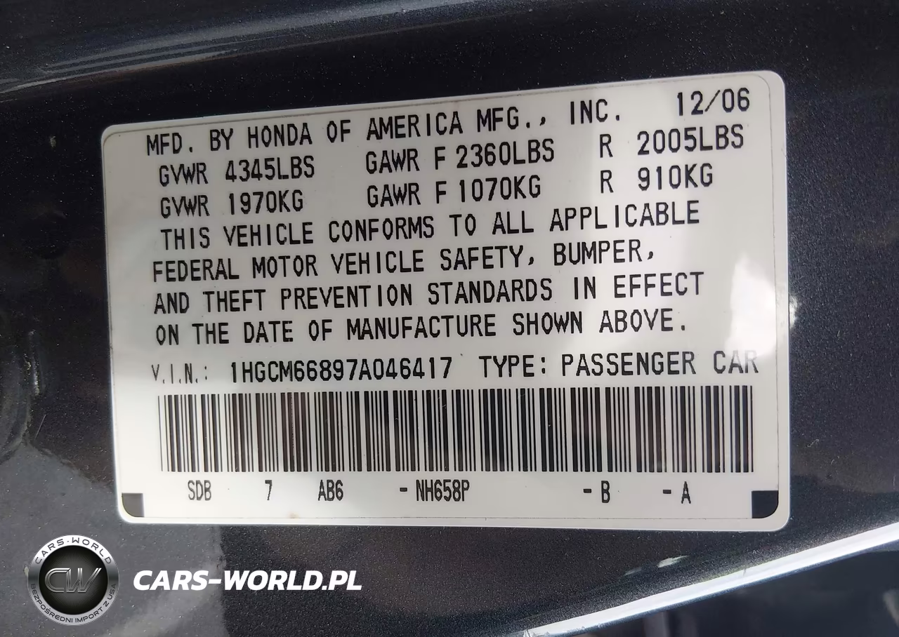 2007 Honda Accord 3.0 Ex VIN:1HGCM66897A046417 - 9