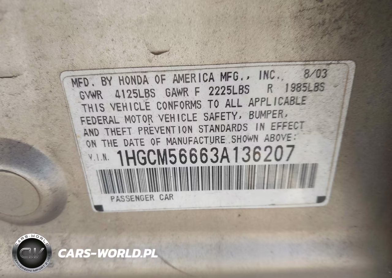 2003 Honda Accord 2.4 Ex VIN:1HGCM56663A136207 - 9