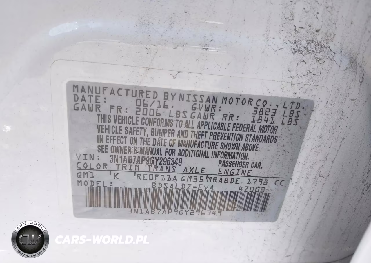 NISSAN SENTRA S VIN:3N1AB7AP9GY296349 - 9
