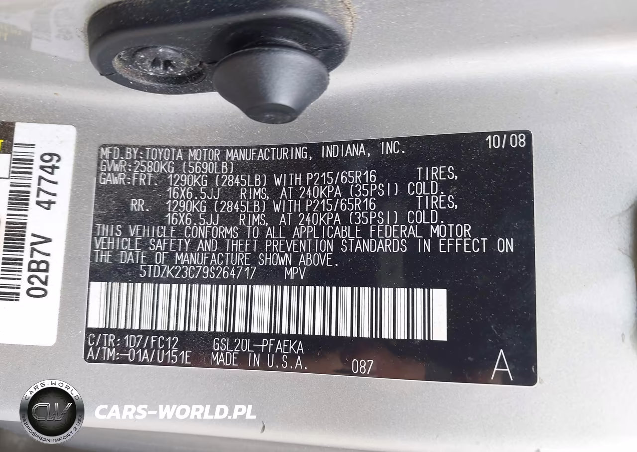 2009 Toyota Sienna Le VIN:5TDZK23C79S264717 - 9