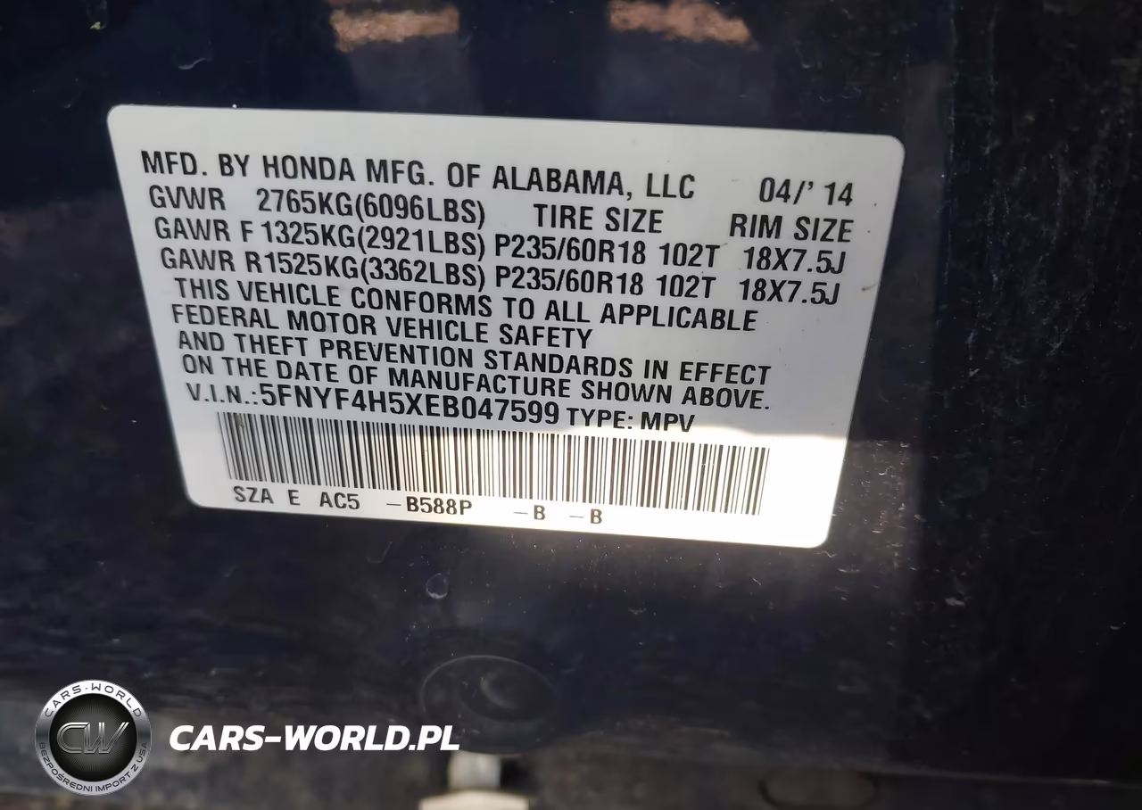 2014 Honda Pilot Ex-L VIN:5FNYF4H5XEB047599 - 9