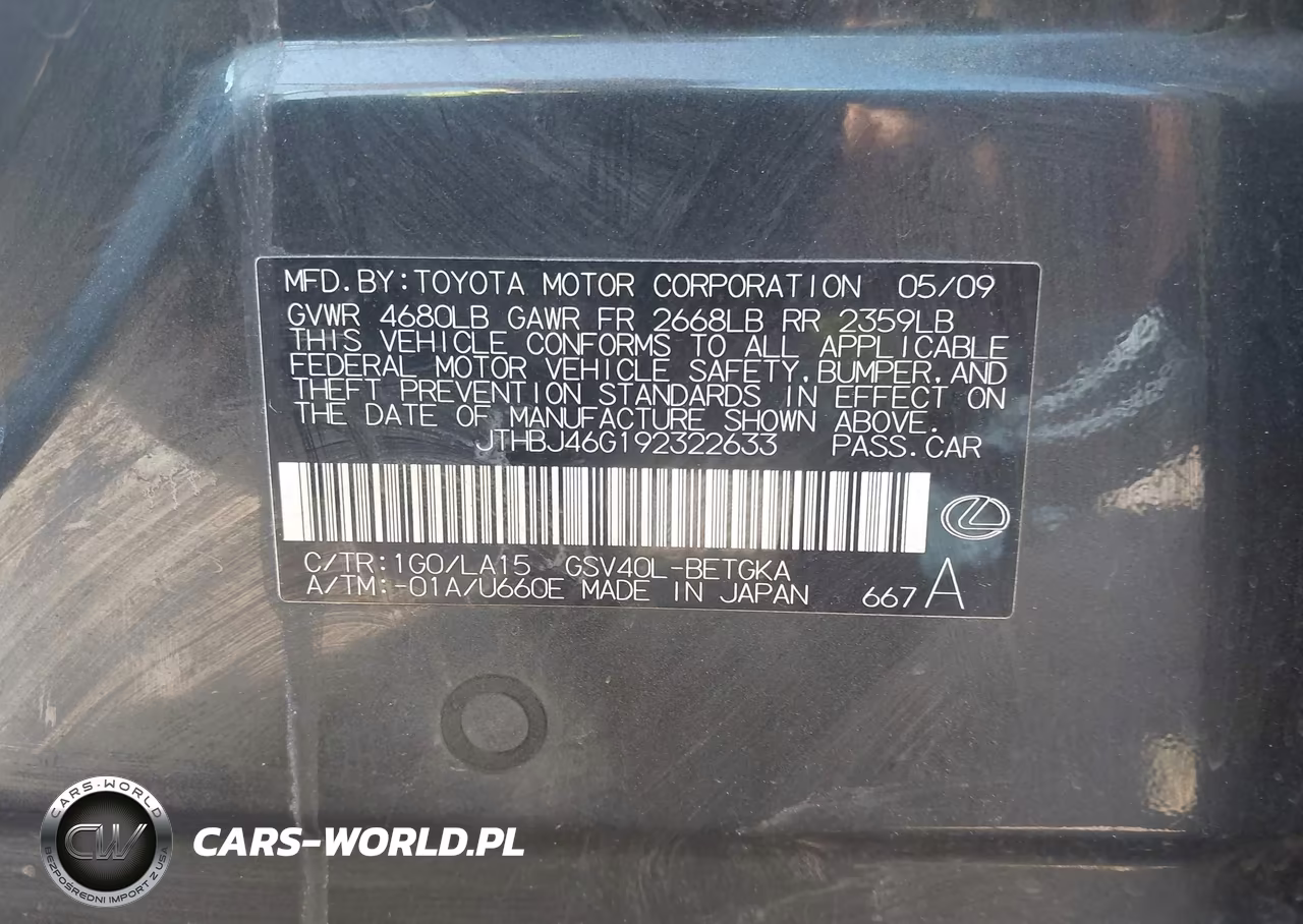 2009 Lexus Es 350 VIN:JTHBJ46G192322633 - 9