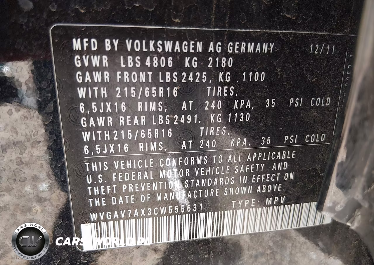 2012 Volkswagen Tiguan Le VIN:WVGAV7AX3CW555631 - 9