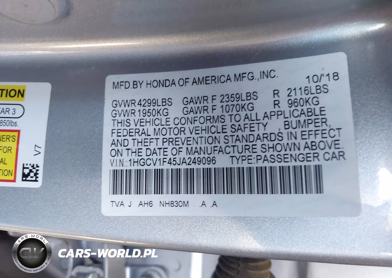 2018 Honda Accord Ex VIN:1HGCV1F45JA249096 - 9
