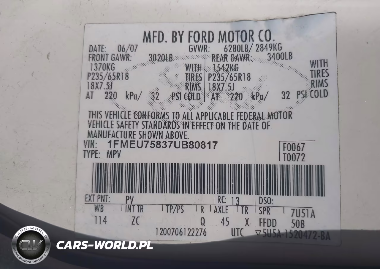 2007 Ford Explorer Limited VIN:1FMEU75837UB80817 - 9