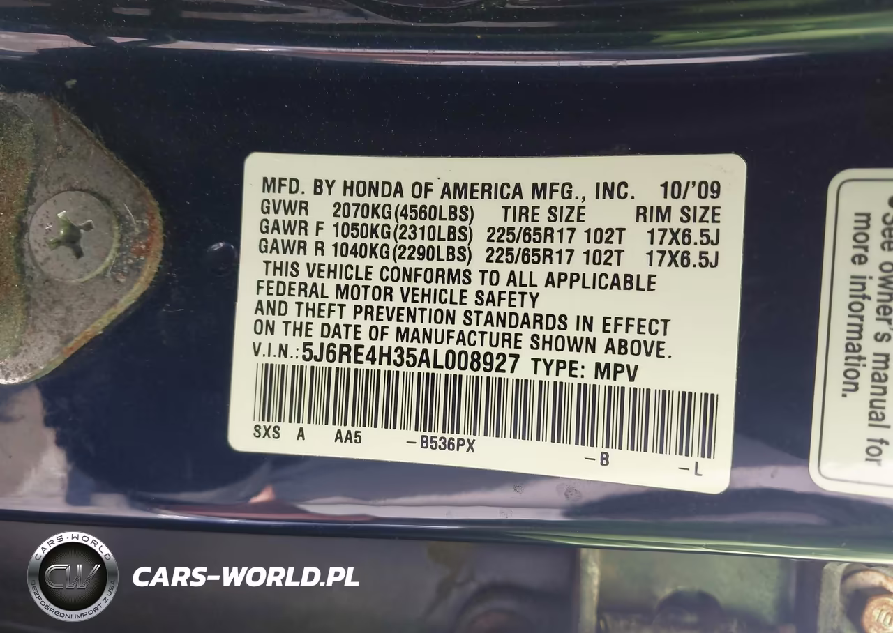 2010 Honda Cr-V Lx VIN:5J6RE4H35AL008927 - 9
