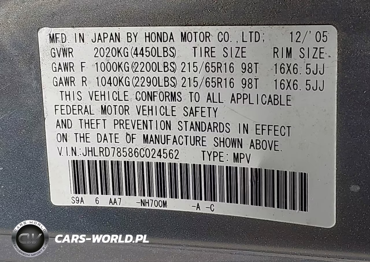 2006 Honda Cr-V Lx VIN:JHLRD78586C024562 - 9