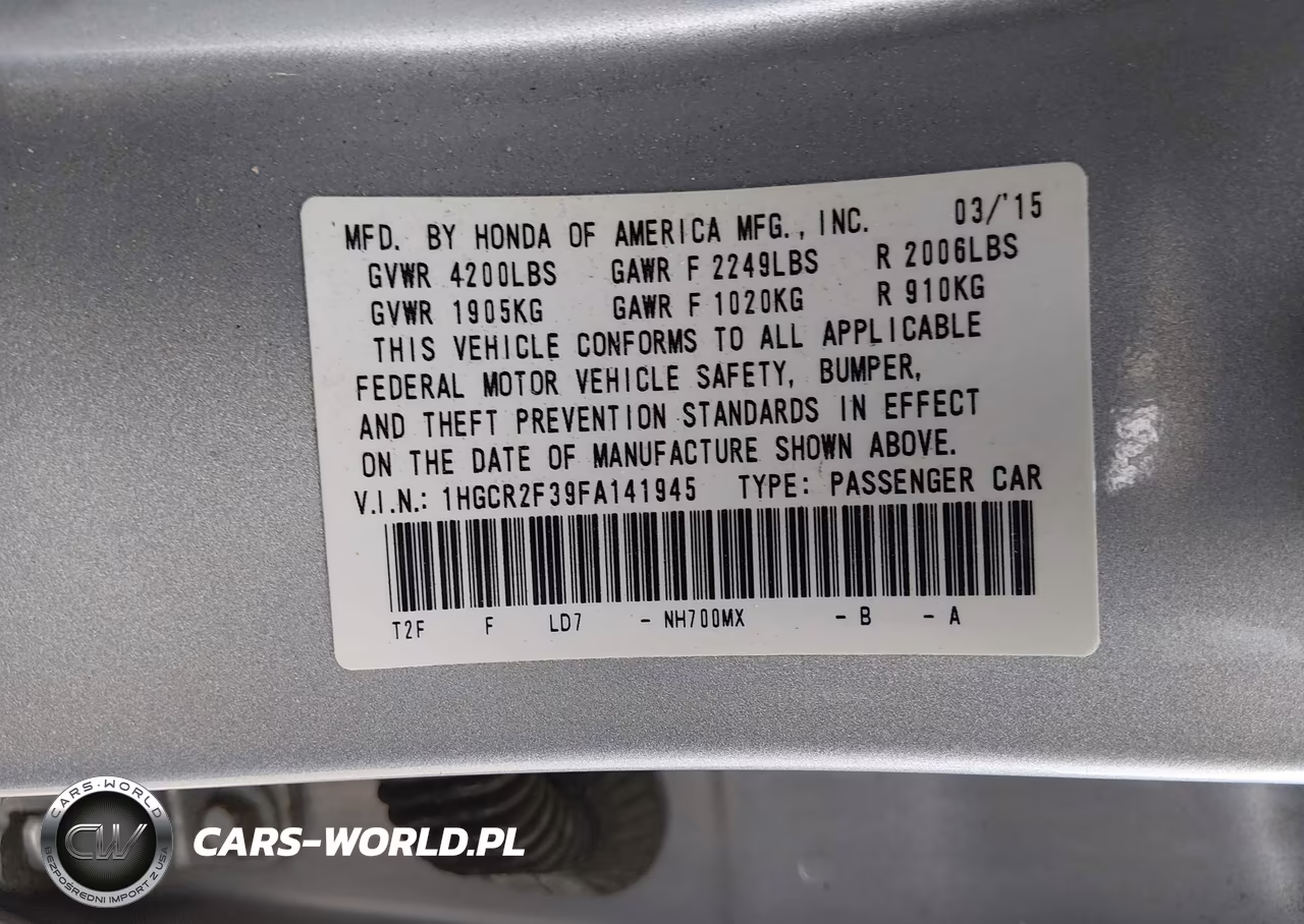 2015 Honda Accord Lx VIN:1HGCR2F39FA141945 - 9