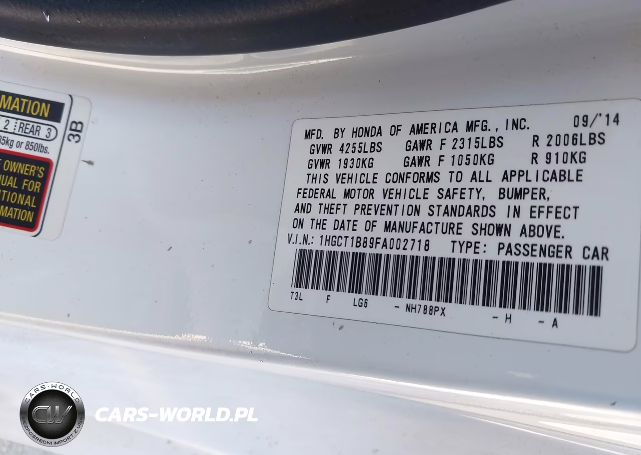 2015 Honda Accord Ex-L VIN:1HGCT1B89FA002718 - 9