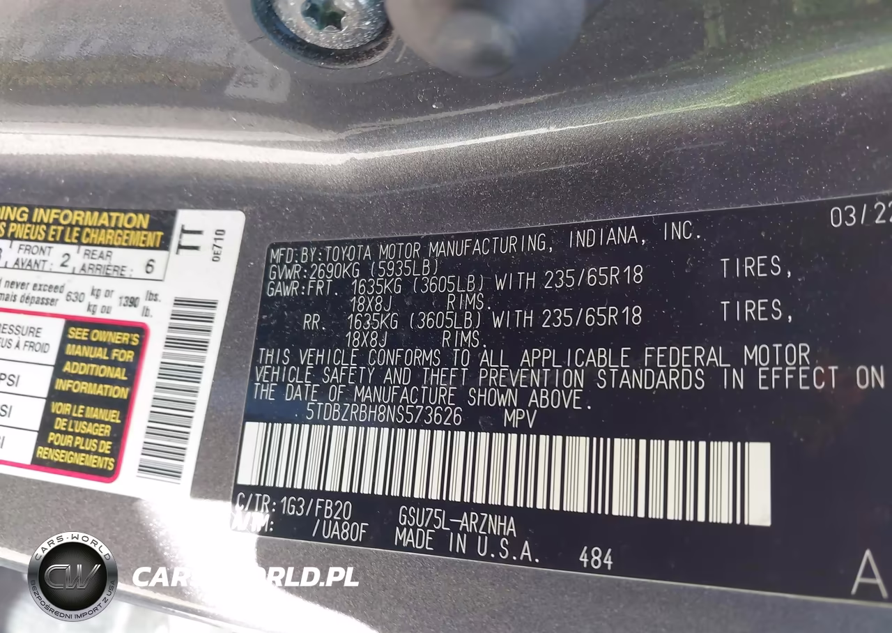 2022 Toyota Highlander Le VIN:5TDBZRBH8NS573626 - 9