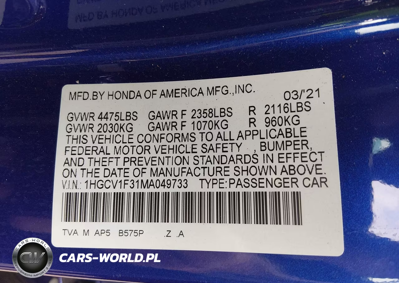 2021 Honda Accord Sport VIN:1HGCV1F31MA049733 - 9