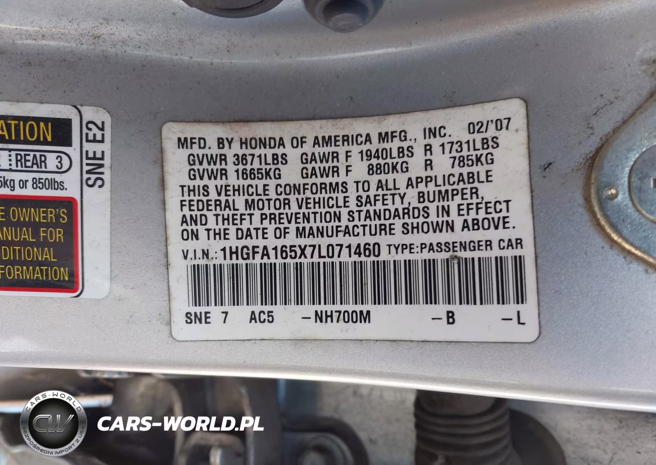 2007 Honda Civic Lx VIN:1HGFA165X7L071460 - 9