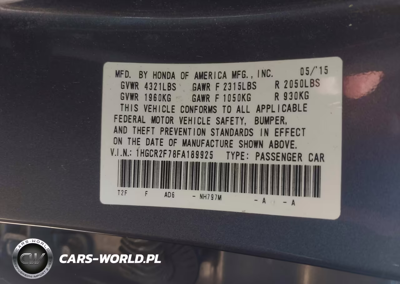 2015 Honda Accord Ex VIN:1HGCR2F78FA189925 - 9