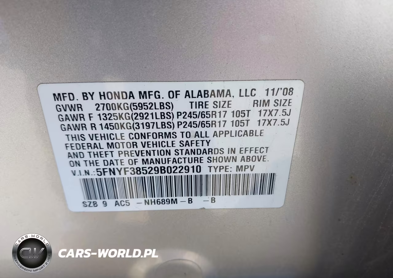 2009 Honda Pilot Ex-L VIN:5FNYF38529B022910 - 9