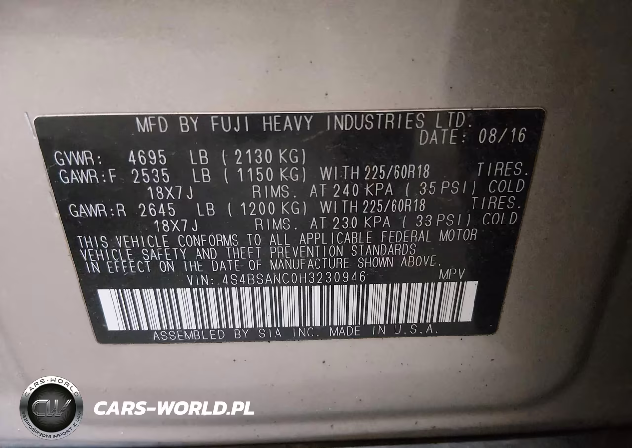 2017 Subaru Outback 2.5I Limited VIN:4S4BSANC0H3230946 - 9
