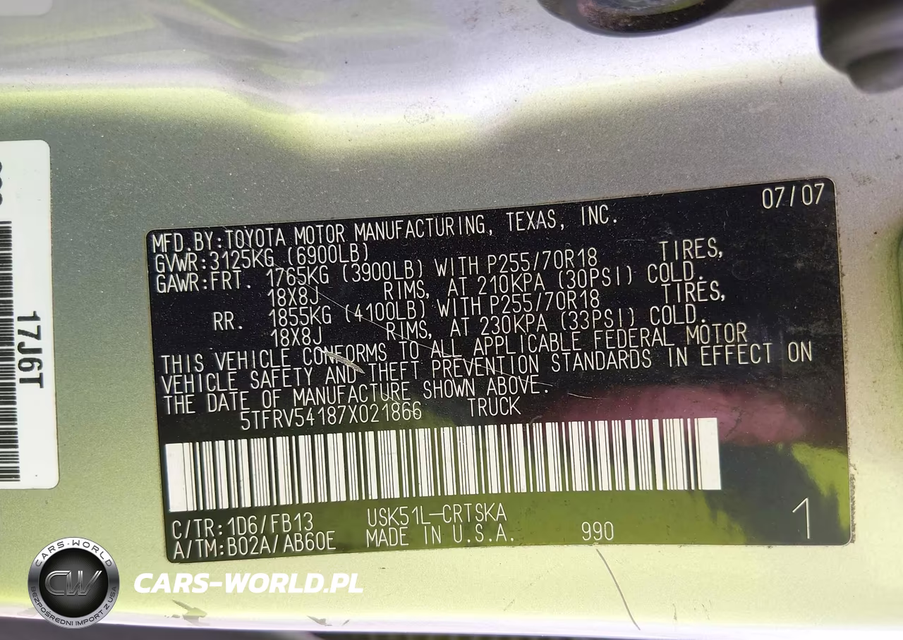 2007 Toyota Tundra Sr5 V8 VIN:5TFRV54187X021866 - 9