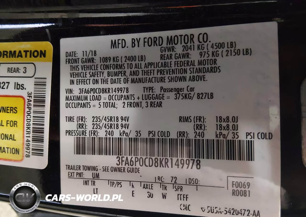 2019 Ford Fusion Sel VIN:3FA6P0CD8KR149978 - 9
