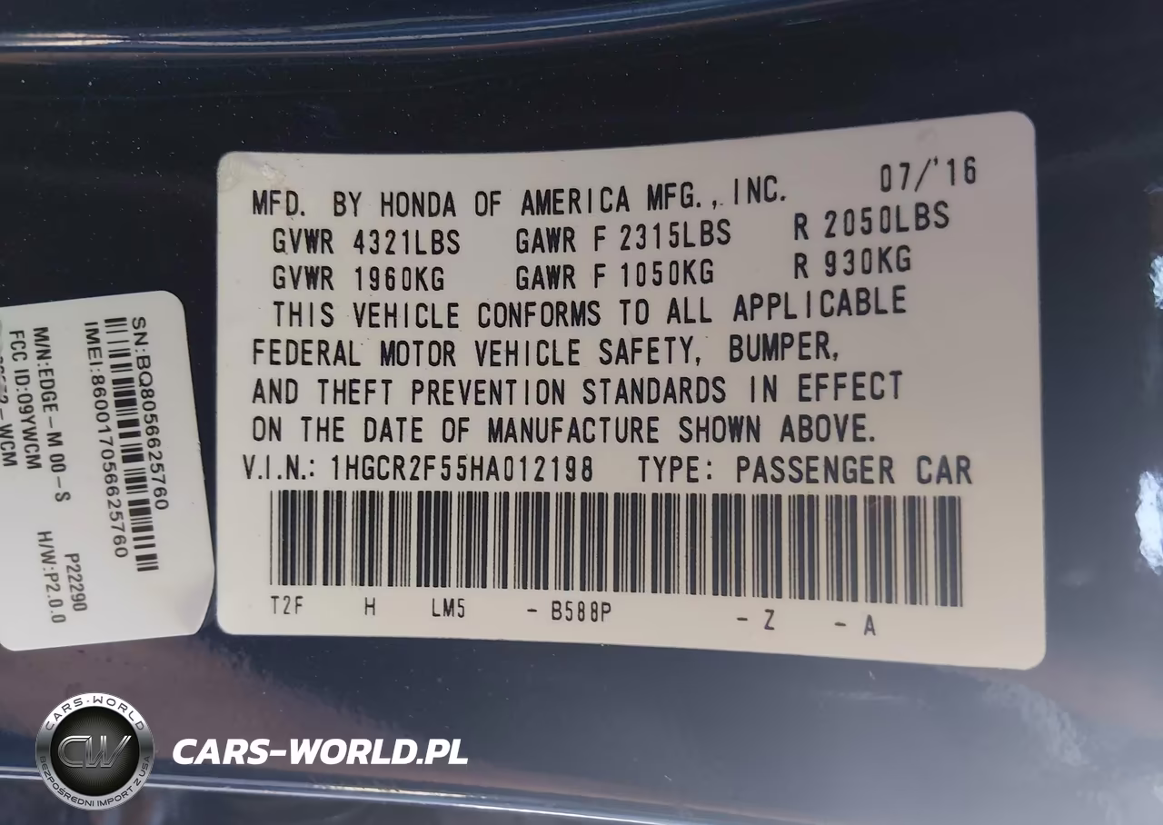 2017 Honda Accord Sport VIN:1HGCR2F55HA012198 - 9