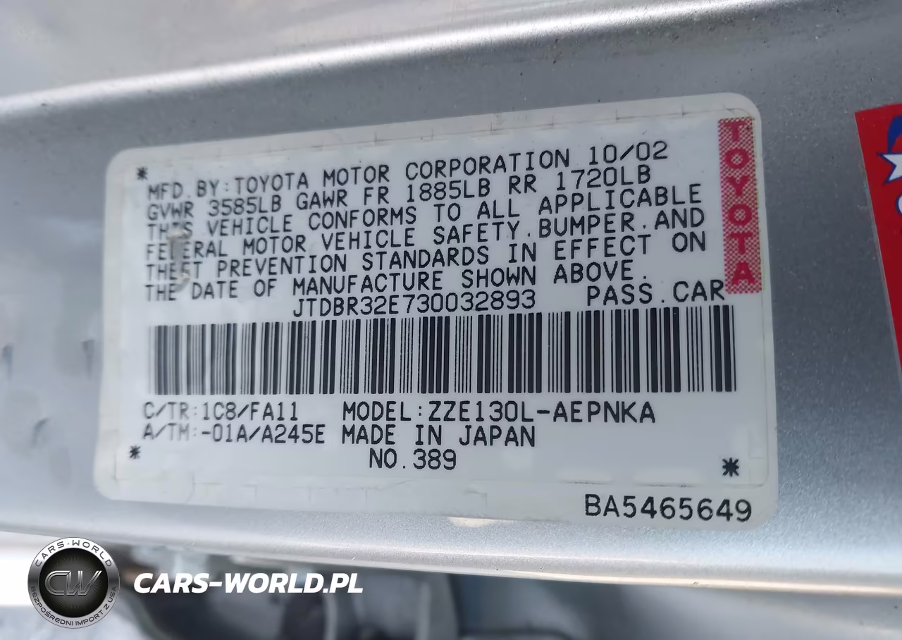 2003 Toyota Corolla Le VIN:JTDBR32E730032893 - 9