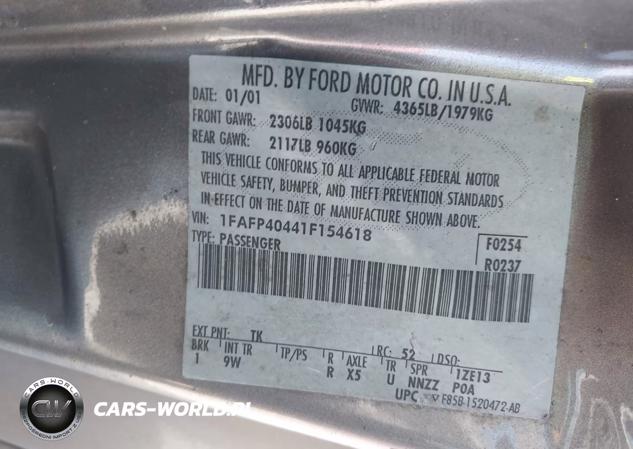 2001 Ford Mustang VIN:1FAFP40441F154618 - 9