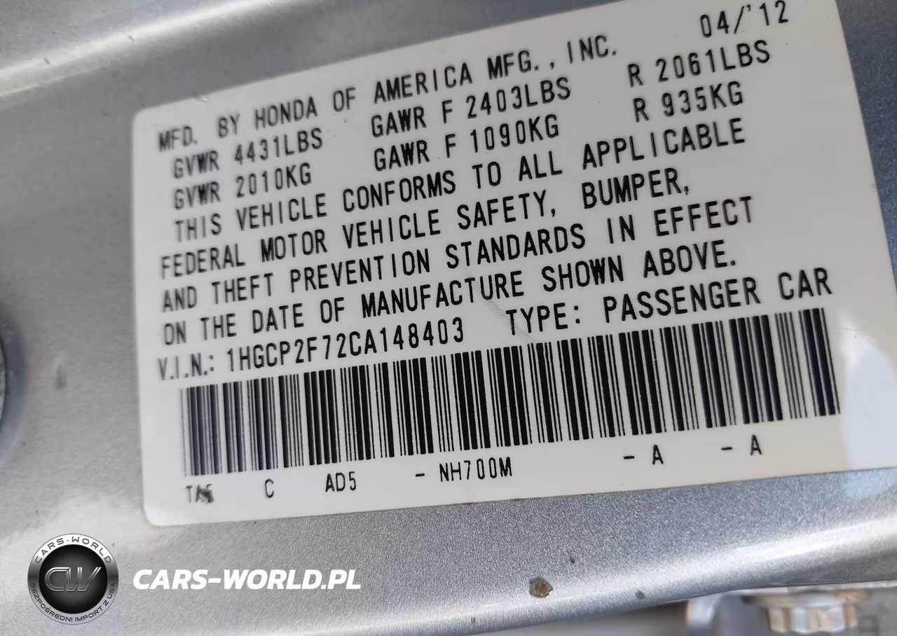 2012 Honda Accord 2.4 Ex VIN:1HGCP2F72CA148403 - 9