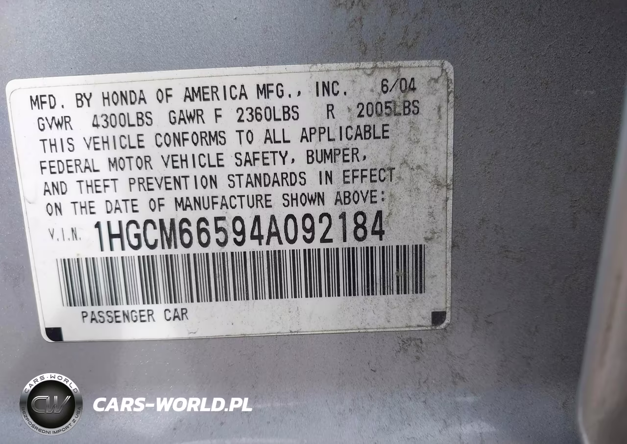 2004 Honda Accord 3.0 Ex VIN:1HGCM66594A092184 - 9