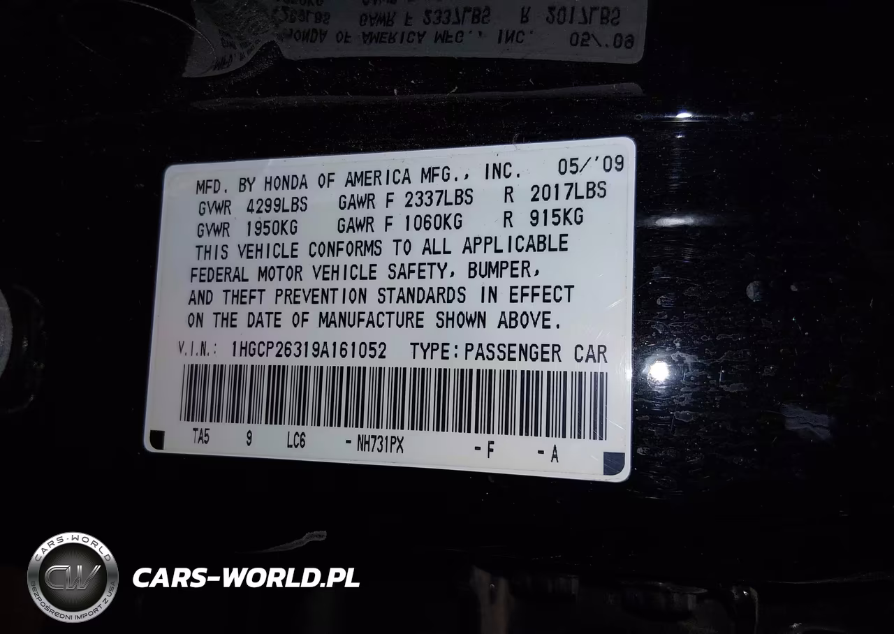 2009 Honda Accord 2.4 Lx VIN:1HGCP26319A161052 - 9