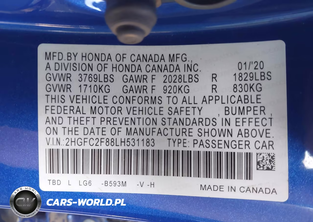 2020 Honda Civic Sport VIN:2HGFC2F88LH531183 - 9
