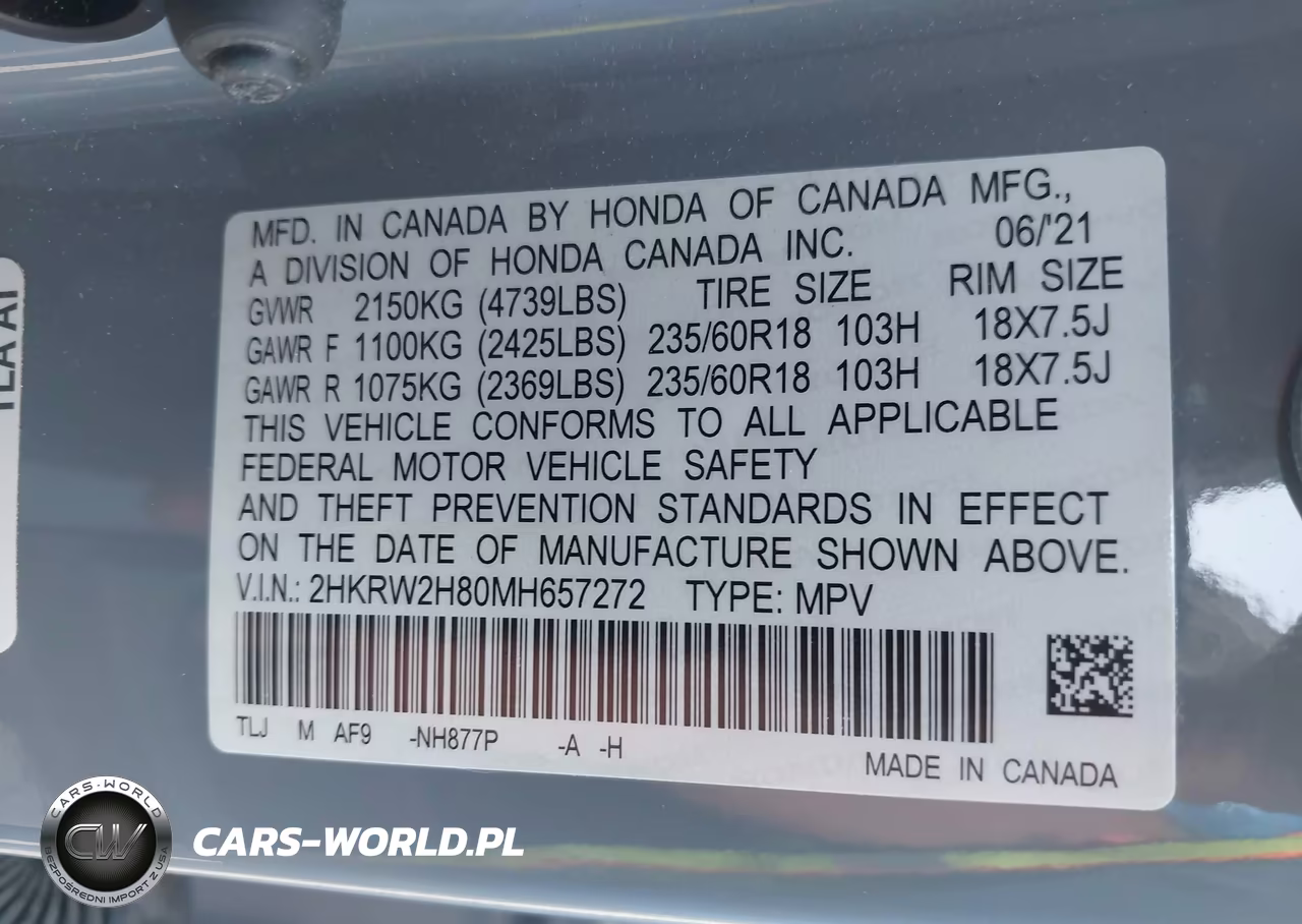 2021 Honda Cr-V Awd Ex-L VIN:2HKRW2H80MH657272 - 9