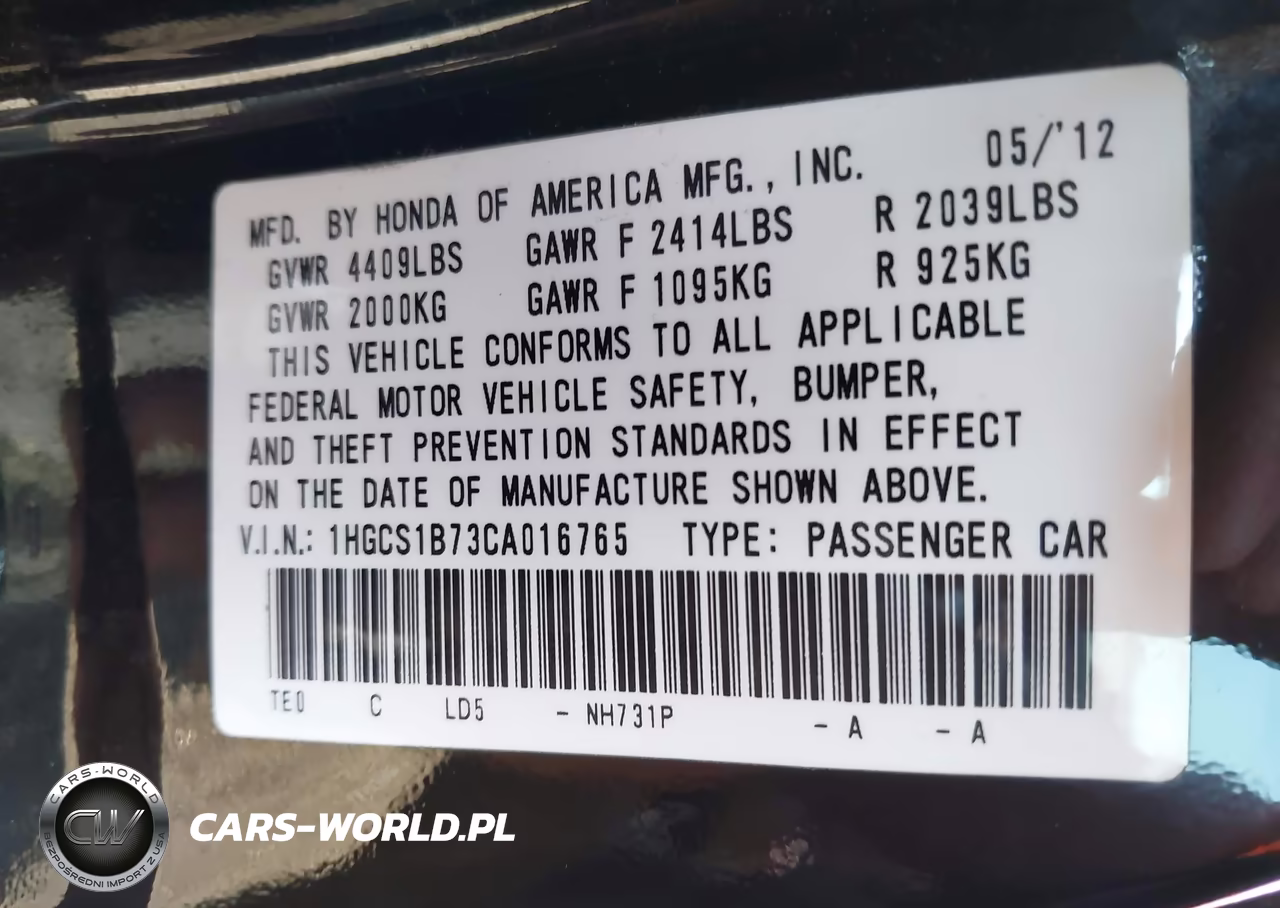 2012 Honda Accord 2.4 Ex VIN:1HGCS1B73CA016765 - 9