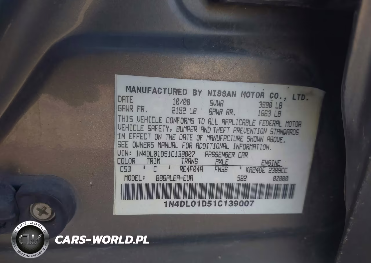 2001 Nissan Altima Gxe VIN:1N4DL01D51C139007 - 9