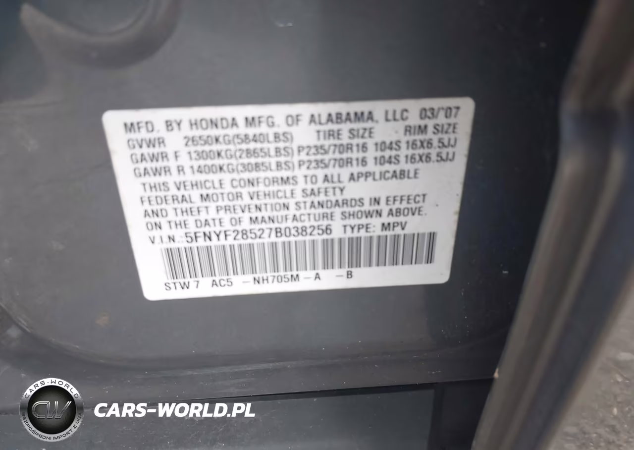 2007 Honda Pilot Ex-L VIN:5FNYF28527B038256 - 9