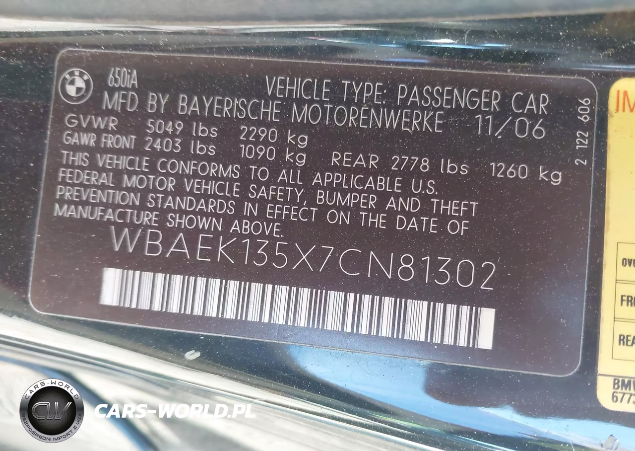 2007 BMW 650I VIN:WBAEK135X7CN81302 - 9